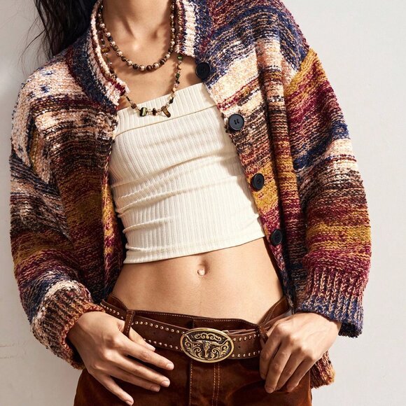 Multicolor Casual Women's Marble Knitted Oversized Cardigan - Picture 4 of 8